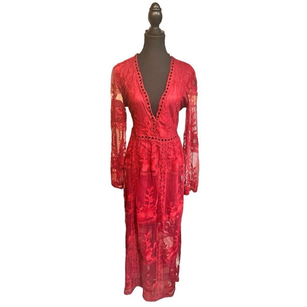 Red Lace Maxi Dress with Deep V-Neck